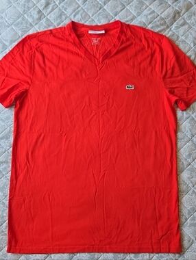 Lacoste Red V‑Neck Crocodile Logo Polo Tee